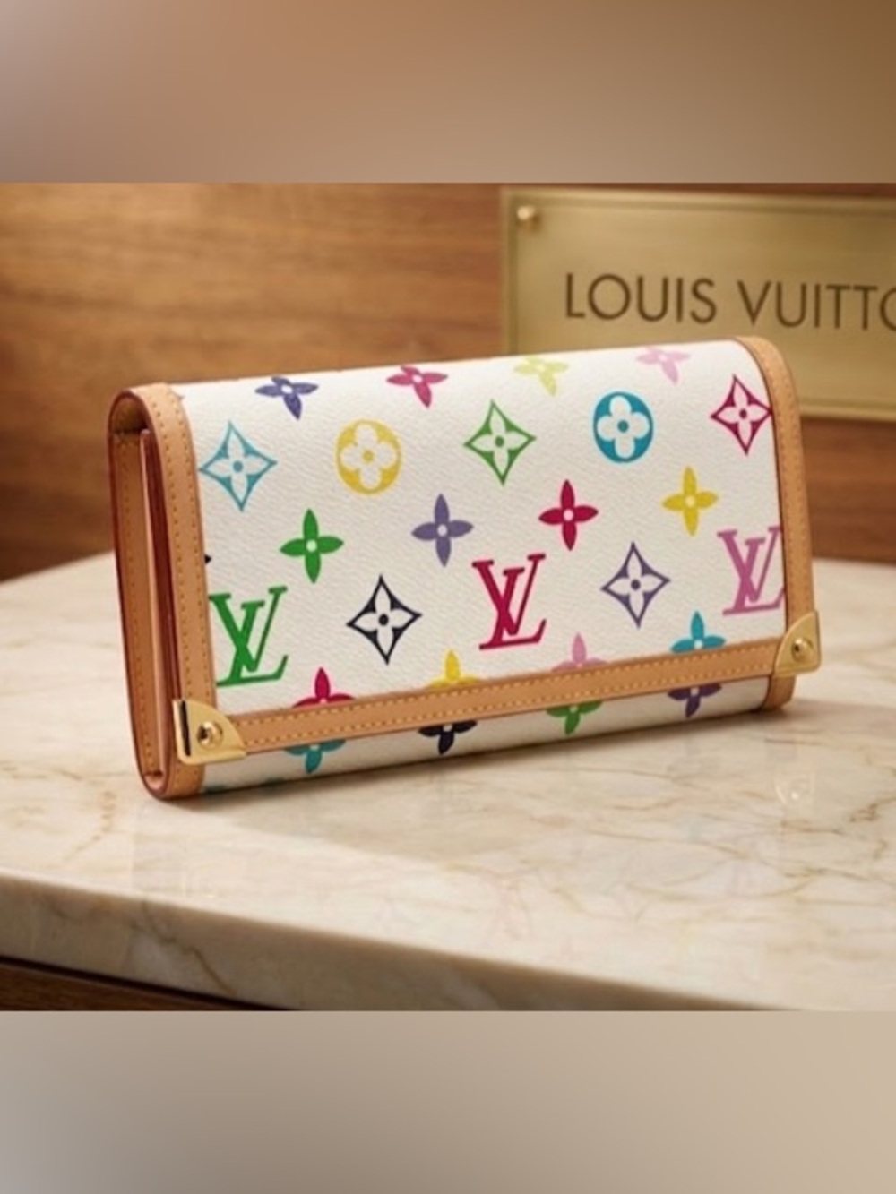 Louis Vuitton White Murakami Fold Over Long Wallet (Auth)